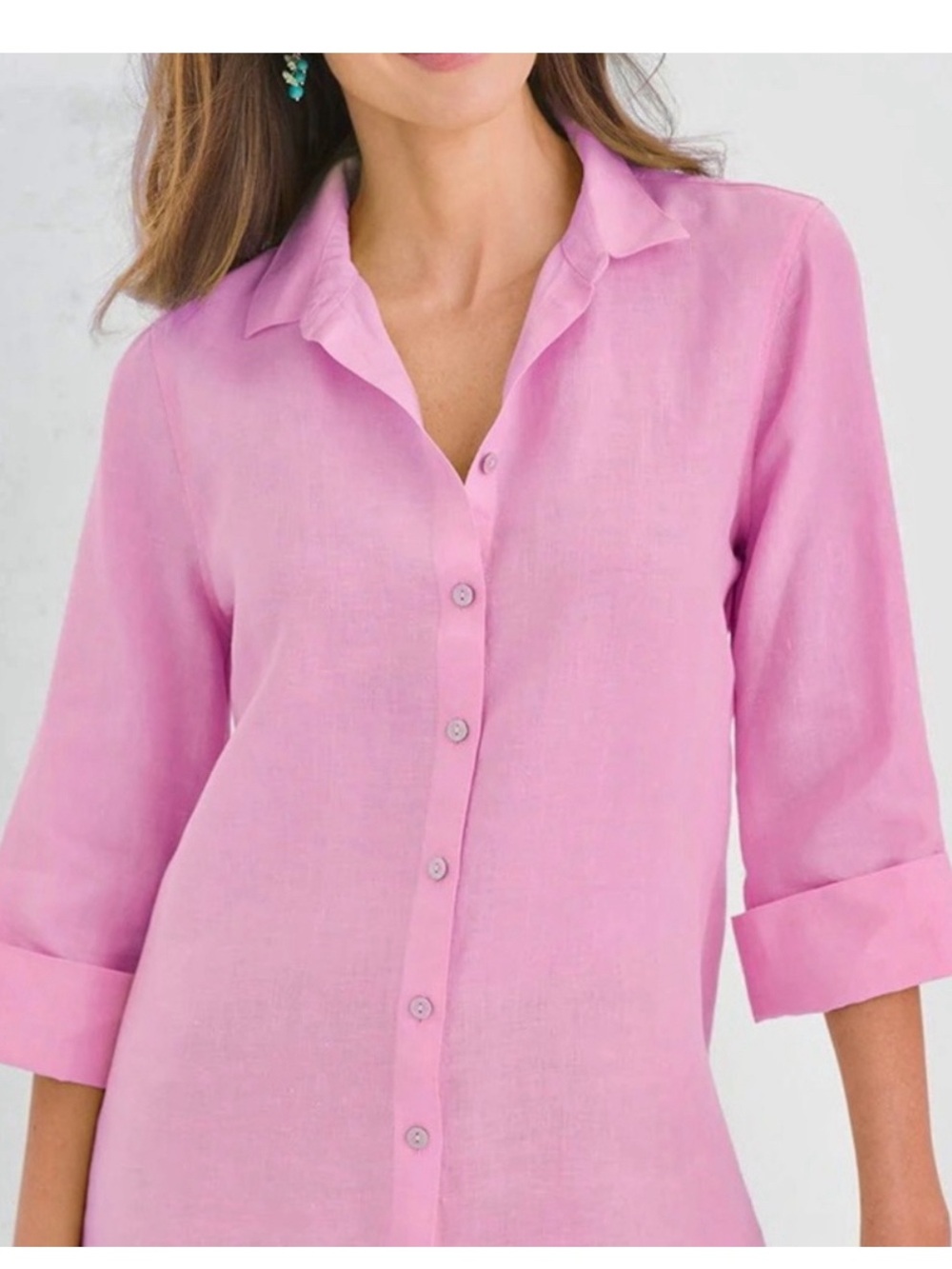 Chico's Pink Linen No-Iron Button Up Top Blouse Casual Butter Summer Sz 0 (US 4)